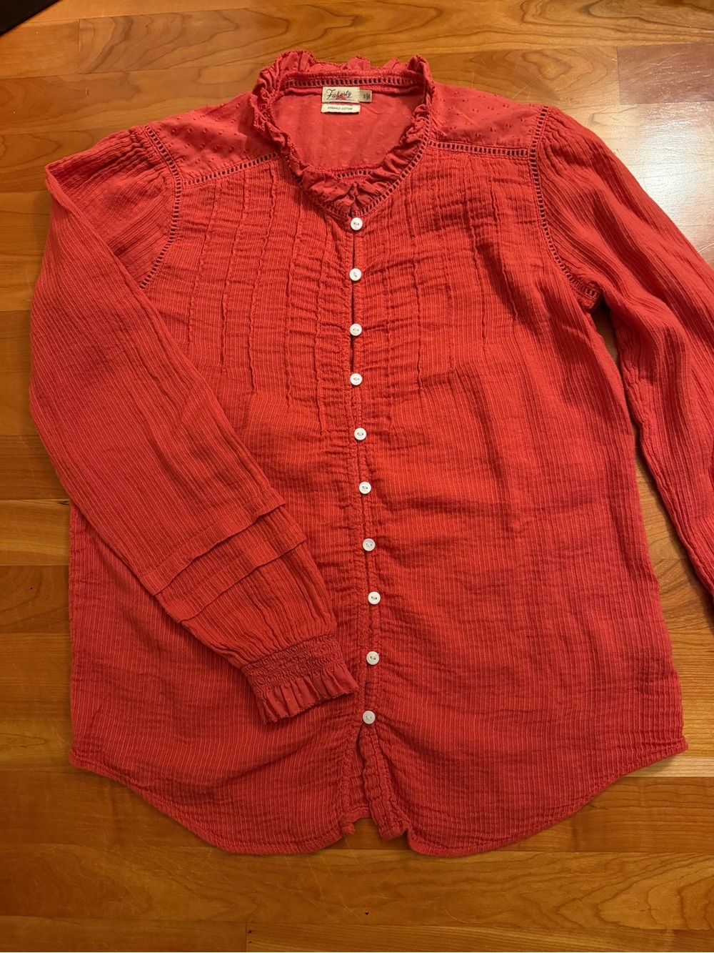 Faherty Willa Organic Cotton Pintuck Peasant Blouse Carmine Red S Very Good Cond